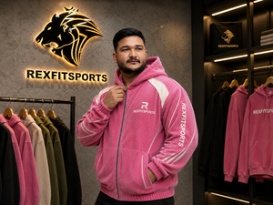 REXFITSPORTS 2026 Sudadera con capucha rosa de pana personalizada con cremallera, unisex, forro polar, estilo urbano, chaqueta con cremallera completa y paneles en contraste, privada - Product Image 6