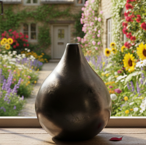 Jarrón en forma de lágrima, jarrón con hojas plateadas, lujo discreto, estilo medioriental, decoración metálica escultural, jarrón artístico de lacado. - Product Image 4