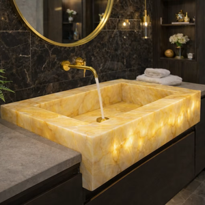 Lavabo de salle de bain rectangulaire en onyx jaune de luxe avec rétroéclairage LED intégré - Product Image 1