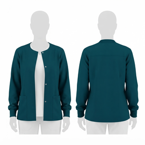200 GSM Polyester Rayon Spandex Stretch Twill <b>Women</b> Scrub <b>Jacket</b> Teal Snap Front Patch Pockets Custom Embroidery Logo Men <b>Jacket</b> - Product Image 1