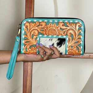Super September Sunflower Design Mini Bag Genuine Cowhide Hand Tooled Leather <b>Zipper</b> Pattern For Ladies Every Day Use <b>Wallet</b> - Product Image 2