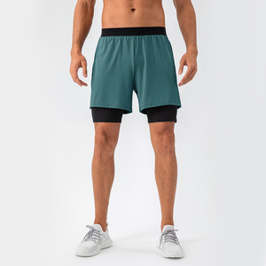 Men's Navy Blue Quick Dry Sport Shorts with Black Inner Liner Elastic Waist Front Logo Canvas Knitted Polyester <b>Athletic</b> Wear - Product Image 3