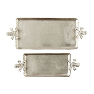 Skull Bones Silver Tray Set 2 Piece Rectangular Handled Nickel Plated Decor Platter Gothic Home Party Bulk Wholesale - Product Image 1