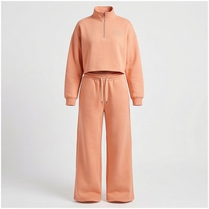 Conjunto Deportivo de Mujer 100% Algodón con Cierre de Cremallera, Color Sólido, Corte Holgado, Pantalones Largos y Chaqueta, Ropa Casual de Otoño - Product Image 1