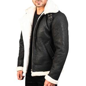 Chaqueta de Cuero Genuino de Oveja Negra para Hombre con Forro de Sherpa Blanco, Cuello Vuelto, Estilo Moto de Invierno, Teñido Liso, Alta Calidad - Product Image 1