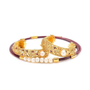 24K Gold Plated Lakshmi Nakshi Kada Bangles with Jade Pearl & Brass - Product Image 2