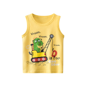 Débardeur jaune pour homme, col rond, imprimé motif dessin animé, camion de construction dinosaure, décontracté - Product Image 1