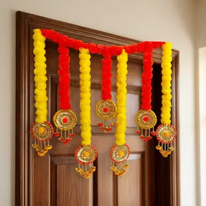 Modern Red Yellow Marigold Toran Door Hanging Eco-Friendly Plastic Flower Multi-Functional Golden <b>Floral</b> Medallions Bells Decor - Product Image 4