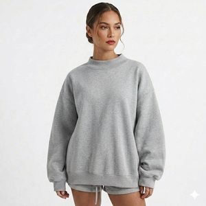 Women's Winter Long <b>Drop</b> Shoulder Pullover Mock Neck Sweatshirt Fleece Polyester/Cotton High Quality Fabric OEM Service - Product Image 2