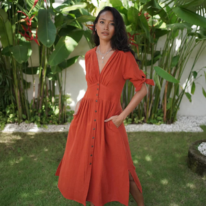 Robe longue en coton et lin pour femmes, manches courtes, coupe ample, col en V, décontractée, confortable, robe d'été - Product Image 1