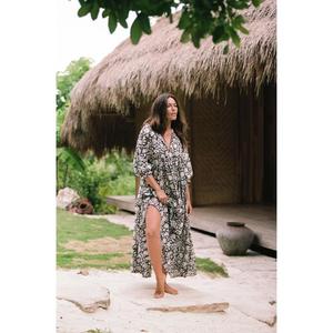 Boho Floral Print Knee-Length V-Neck Long Sleeve <b>Loose</b> Fit Cotton Knitted Fabric Summer Casual Eco-Friendly Breathable <b>Dress</b> - Product Image 6