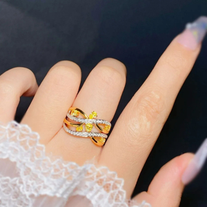 Women 18K Solid <b>Gold</b> <b>Cocktail</b> <b>Ring</b> With Pear Cut Yellow Diamonds Pave Setting Geometric Luxury Fine Jewelry - Product Image 3