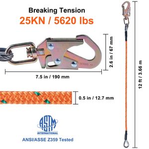 Corda da Arrampicata con Anima in Acciaio da 1/2'' x 12' con Moschettone in Lega di Alluminio - Attrezzatura e Accessori per Arrampicata - Product Image 4