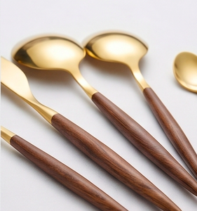 Cutlery Set In Stainless Steel With Elegant Gold Color And Wooden Handle Perfect <b>Flatware</b> Kitchenware Wedding And Dinnerware Use - Product Image 4