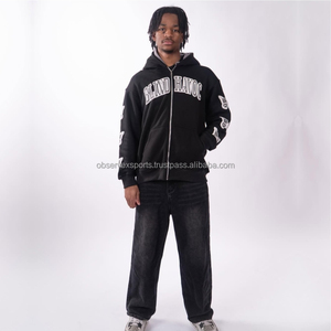 Survêtement de streetwear d'hiver en coton 100% avec pantalon de survêtement et sweat-shirt à capuche, coupe ample et évasée, fermeture éclair, effet délavé - Product Image 2