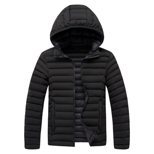Veste matelassée à capuche pour homme, couleur noire unie, fermeture éclair, manteau léger en duvet, vêtements d'extérieur décontractés pour l'hiver - Product Image 1