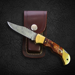 Cuchillo Plegable de Acero de Damasco Personalizado OEM DIY con Mango de Hueso y Latón, Cuchillo de Bolsillo Hecho a Mano, Funda de Cuero, Regalo EDC para Exteriores - Product Image 1