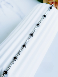 925 <b>Silver</b> Moissanite Clover <b>Bracelet</b> Diamond Tennis Chain Luxury Womens Elegant Black Flower Charm <b>Adjustable</b> Jewelry - Product Image 3