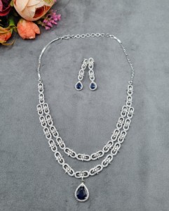 Classic Retro Silver Plated Double Layer TearDrop Pendant Necklace And Drop Earring Luxury American Diamond Wedding <b>Jewellry</b> Set - Product Image 2