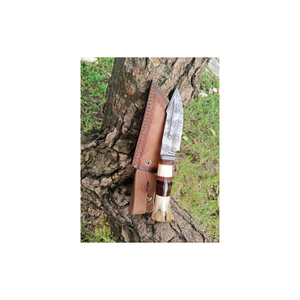 Couteau de chasse multifonctionnel artisanal en acier Damas, lame fixe à pointe tombante, pour le camping en extérieur, manche en bois de cerf - Product Image 1