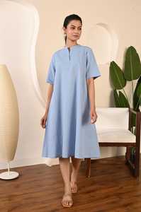 Robe midi en coton pour femmes, coupe évasée, bleu uni, manches courtes, décontractée, ample, robe d'été - Product Image 5