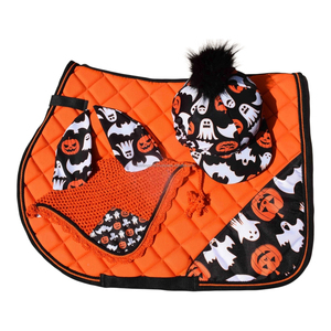Custom All-Season English Style HALLOWEEN ORANGE GHOST PUMPKIN PRINT SILK HAT MATCHING SET <b>CHEAP</b> PRICE SADDLE <b>PAD</b> - Product Image 1