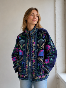 <b>Women</b> Finished Embroidered <b>Velvet</b> Eco-Friendly <b>Jacket</b> Floral Suzani Quilted Coat Full Sleeve Stand Collar Summer Autumn Winter - Product Image 2