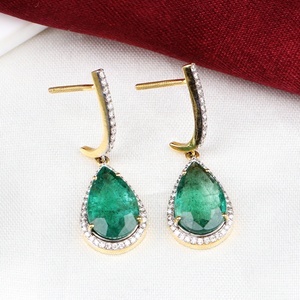 Wholesale 14k Yellow Gold Natural Pear Emerald Pave <b>Diamond</b> Halo Screw Back Drop <b>Earrings</b> Memoria Jewels - Product Image 5