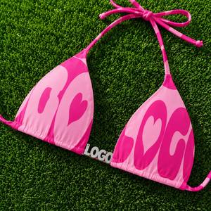 Conjunto de bikini triangular con estampado de logotipo colorido para mujer, traje de baño de 2 piezas con cuello halter, braguita con lazo lateral y detalle de cordón - Product Image 5