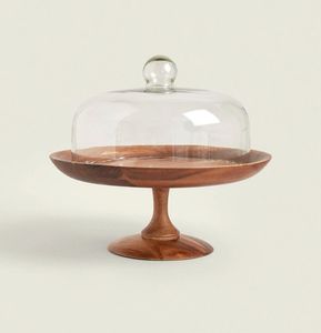 Support à gâteau rond moderne en bois avec couvercle en verre, présentoir à dessert réutilisable pour table, idéal pour les hôtels et les fêtes d'anniversaire - Product Image 1