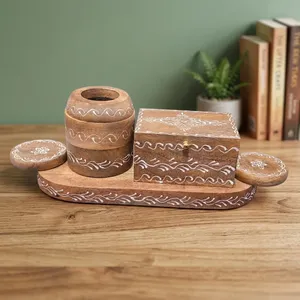 Boho Style Wooden <b>Incense</b> Burner Set On Oval Tray With Hand Painted White Wave Motifs Round Holders And Hinged Storage <b>Box</b> - Product Image 4