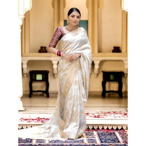 Última Banarsi seda suave Zari tejido sari con blusa sin costuras blanco - Product Image 1