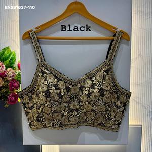 Party Wear Soft Faux Georgette with <b>Beads</b>-Sequence-Zari Work Sleeveless Padded Back-Hook V-Neck Blouse Indian Supplier - Product Image 6