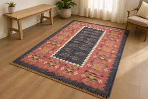 Tapis rectangulaire à motif géométrique Krafterscustom en laine et acrylique, kilim écologique, tufté à la main, tissage plat, poils moyens, latex - Product Image 2