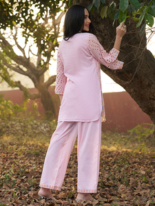 Salwar Kameez Rosa de Algodón Bordado, Ropa Tradicional Musulmana, Túnica con Bordado Floral, Pantalones Anchos para Fiesta de Noche - Product Image 5
