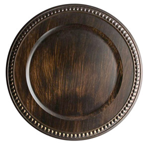 Assiette de présentation vintage effet bois, ronde, marron métallisé, pour la décoration de restaurants haut de gamme, avec bordure perlée - Product Image 1