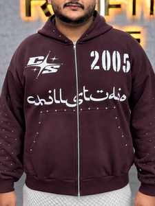 Sweat à capuche oversize pour homme, couleur bordeaux, en molleton de coton, fermeture éclair intégrale, style streetwear, avec strass et imprimé calligraphie arabe, design 2005 - Product Image 4