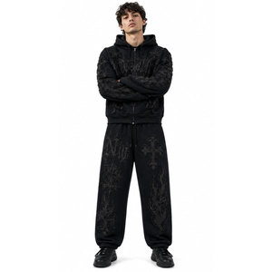 Ensemble de survêtement décontracté pour homme, style gothique, brodé, noir, à capuche, avec cordon de serrage, pantalon de survêtement long, motif flamme 3D, séchage rapide - Product Image 4