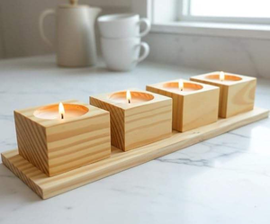 Porte-bougie en bois pour bougies chauffe-plat avec plateau, support carré à 4 emplacements |   Centre de table de Noël en bois naturel pour la table à manger à la maison - Product Image 2