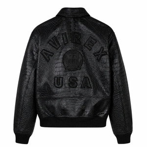 Veste en cuir Croc Avirex de qualité supérieure, fermeture éclair sur le devant et le dos, broderie patchwork, veste bomber en cuir Avirex pour homme - Product Image 2