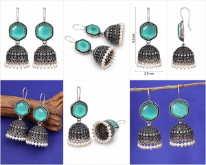 Wholesale Oxidized Silver Aqua Blue <b>Cat</b> Eye Stone Cushion Cut Pearl Jhumka <b>Earrings</b> for Women Ethnic Boho Jewelry - Product Image 6