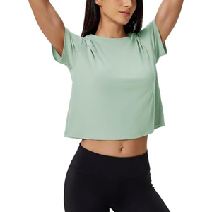 Custom Women's Mint <b>Green</b> <b>Cropped</b> Short Sleeve Knitted O-Neck Casual Solid Color T-Shirt Breathable Gym <b>Top</b> - Product Image 1