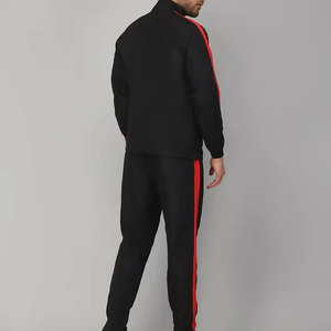 Ensemble de survêtement pour homme noir et rouge à rayures, avec fermeture éclair intégrale et col montant, respirant, en polyester et coton, idéal pour l'automne - Product Image 3