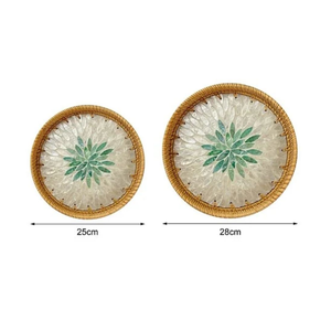 Plateau rond en rotin sans poignée avec incrustation de nacre, écologique, fait main, panier à fruits et décoration intérieure - Product Image 5