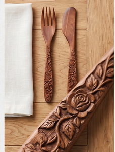 Juego de cubiertos modernos de madera con tallado de rosas, mango con acabado mate, cubiertos reutilizables para vajilla de boda y restaurante. - Product Image 3