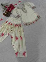 Ensemble de costume ethnique de créateur haut de gamme en satin japonais brodé, avec haut Farshi, salwar et dupatta en organza à manches longues, pour soirée, recyclé