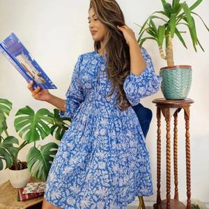 Pure Cotton <b>Indian</b> Block <b>Print</b> <b>Dress</b> Breathable Elegant Earthy Colours Summer Daywear Tie Dye Technique Natural Comfortable - Product Image 1