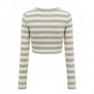 Camiseta corta personalizada para mujer, gris con rayas blancas, manga larga, cuello redondo, de secado rápido, ligera, de poliéster, moderna, para verano. - Product Image 2