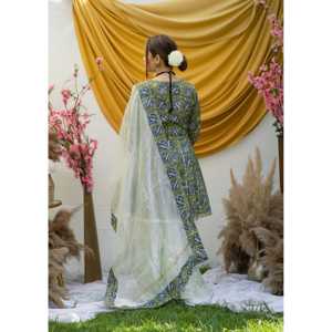 Ensemble de costume respirant en coton vert floral paon pour femme, taille XS, tissu en mousseline - Product Image 2