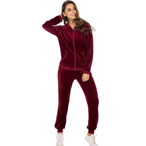 Conjunto de chándal de terciopelo azul para mujer, talla grande, con capucha y cremallera completa, pantalones acampanados informales de manga larga, color liso, ropa de invierno, personalizado. - Product Image 1